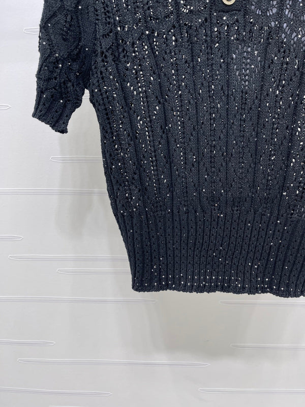 CC 26 Openwork Knit Short-Sleeve Top Black in Wool Knitwear 380813