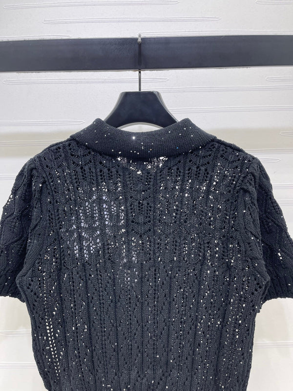 CC 26 Openwork Knit Short-Sleeve Top Black in Wool Knitwear 380813