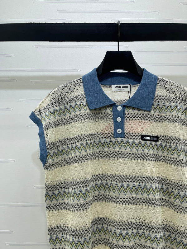 Miu 26 Hollow-out Striped Collared Knit Vest Beige Blue in Wool 380769