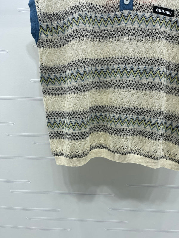 Miu 26 Hollow-out Striped Collared Knit Vest Beige Blue in Wool 380769