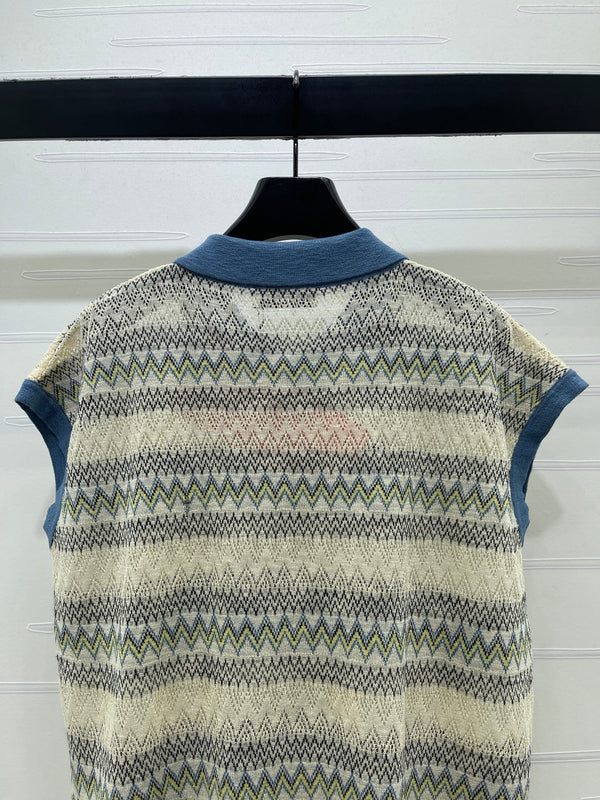 Miu 26 Hollow-out Striped Collared Knit Vest Beige Blue in Wool 380769