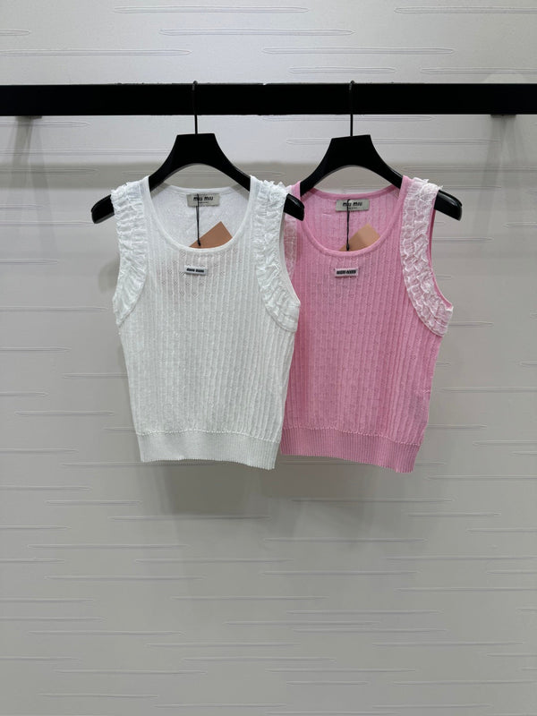 Miu 26 Lace-Neck Knit Vest Pink in Tencel 382103