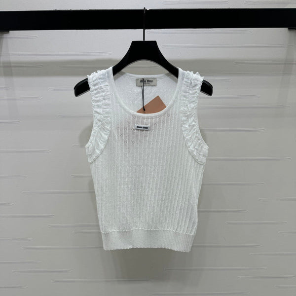 Miu 26 Lace-Neck Knit Vest White in Tencel 382104