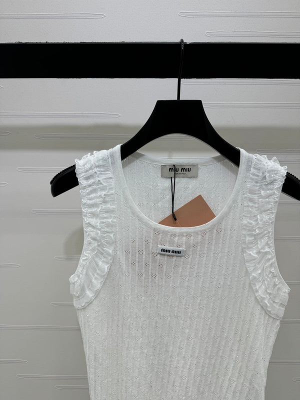 Miu 26 Lace-Neck Knit Vest White in Tencel 382104