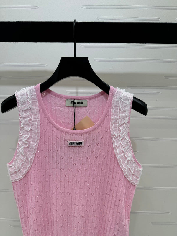 Miu 26 Lace-Neck Knit Vest Pink in Tencel 382103