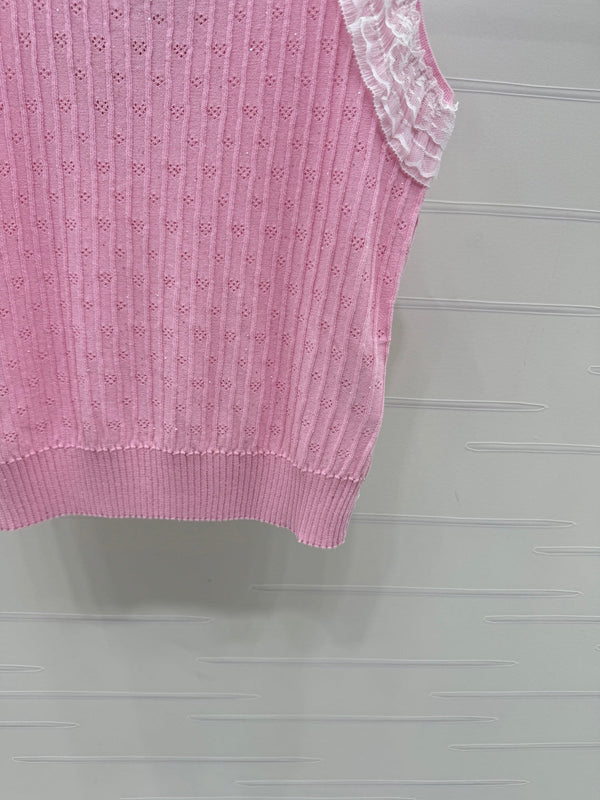 Miu 26 Lace-Neck Knit Vest Pink in Tencel 382103