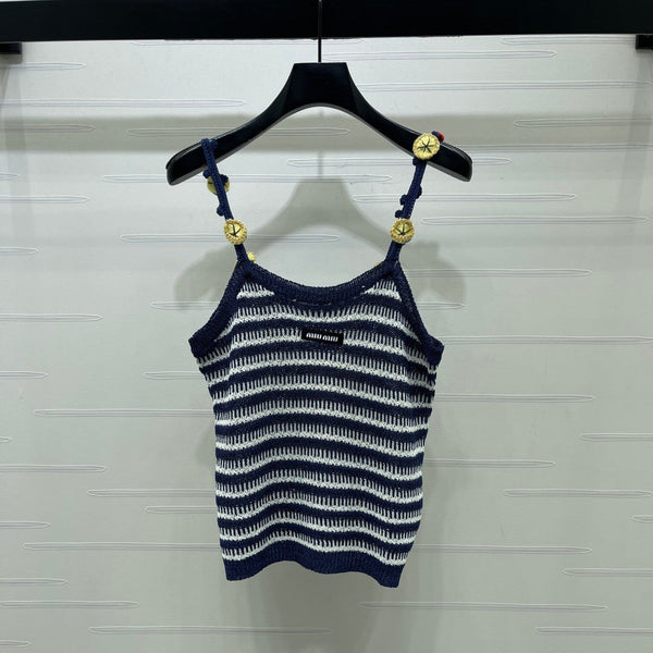 Miu 26 Crochet Striped Camisole Knit Vest Black in Wool 382058