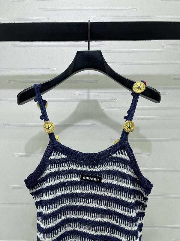 Miu 26 Crochet Striped Camisole Knit Vest Black in Wool 382058