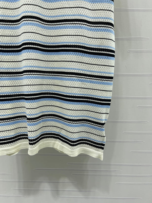 Miu 26 Striped Knit Short-sleeved Dress with a Lapel Collar Cream Blue in Wool