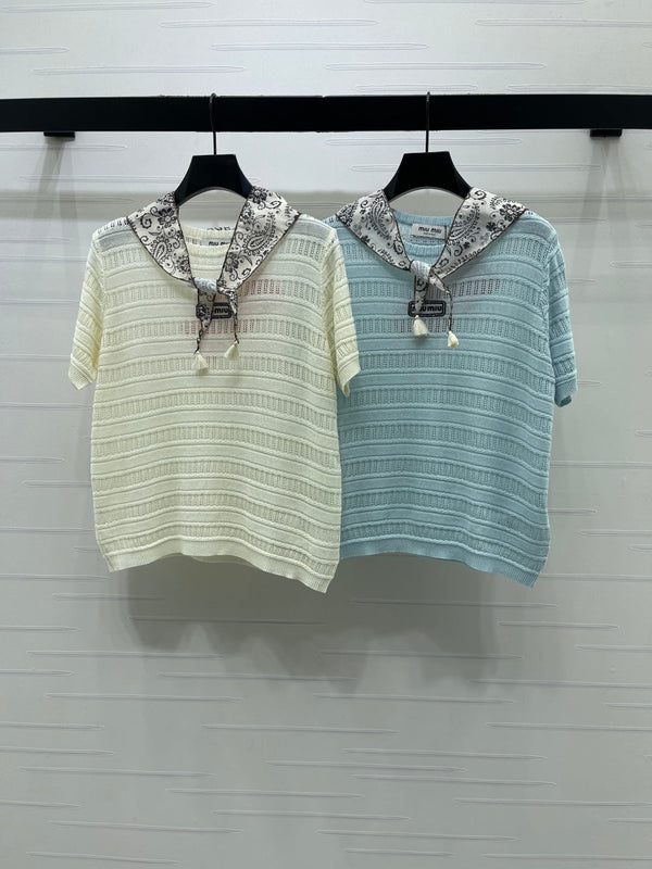 Miu 26 Crew Neck Knit Short-Sleeve T-Shirt with Scarf Design Cream in Wool