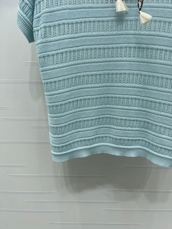 Miu 26 Crew Neck Knit Short-Sleeve T-Shirt with Scarf Design Blue in Wool