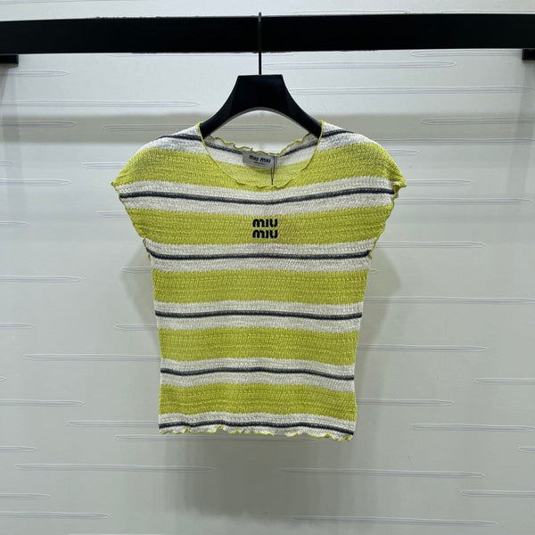 Miu 26 Color-blocked Striped Short-sleeved Top Green in Acrylic 380669