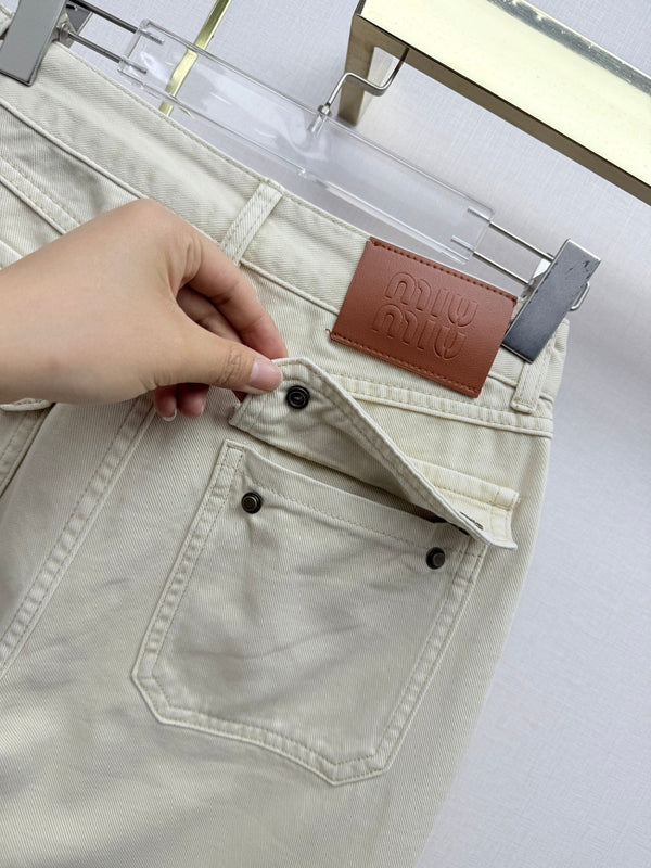Miu 26 Wide-leg Denim Pants Cream in Cotton 380470