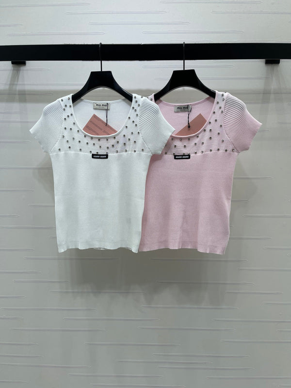 Miu 26 U-Neck Short-Sleeve Top White in Wool 375885
