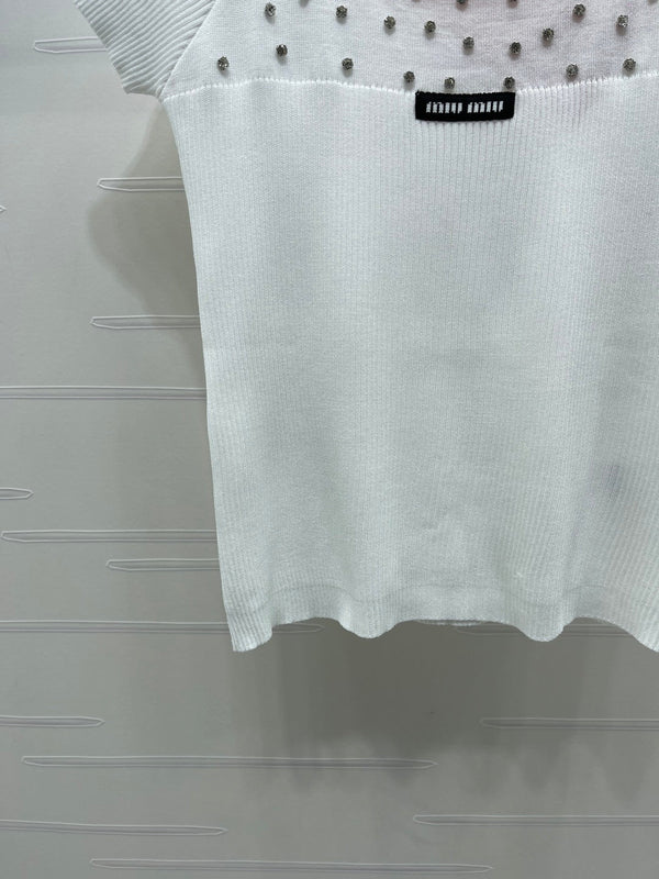 Miu 26 U-Neck Short-Sleeve Top White in Wool 375885