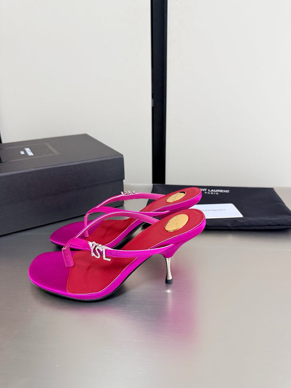 YSL Metal Heel 75mm with Side Rhinestone Buckle Logo Pink in Silk 784726