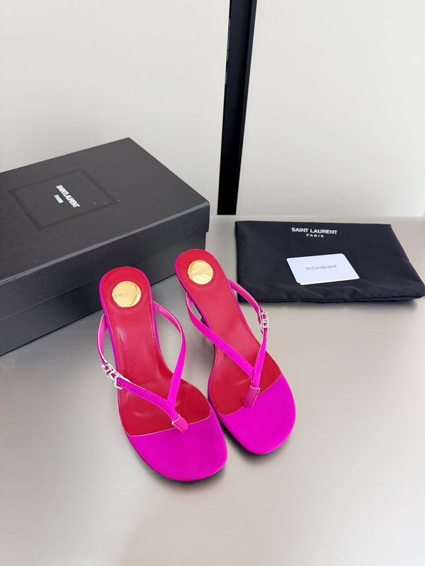 YSL Metal Heel 75mm with Side Rhinestone Buckle Logo Pink in Silk 784726