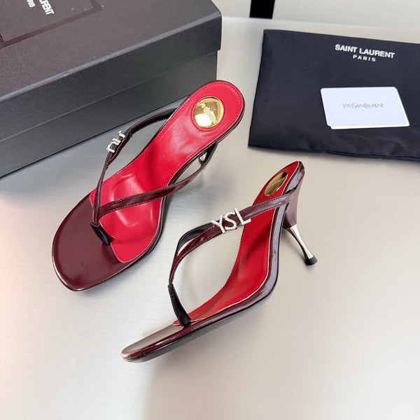 YSL Metal Heel 75mm with Side Rhinestone Buckle Logo Burgundy in Cowhide 784724