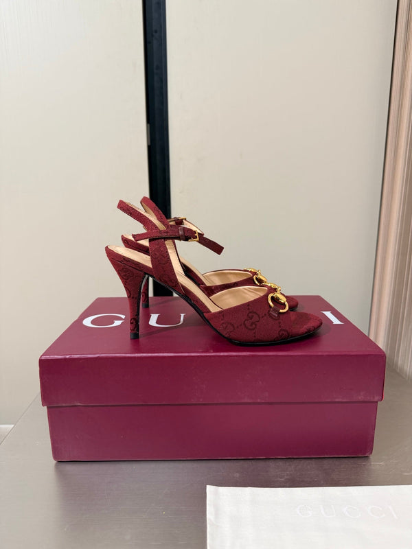 GG Buckle Stiletto Round Toe Heel Height 85mm Burgundy in Monogram 784462