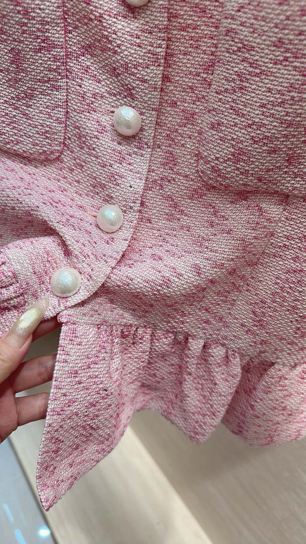 CC Cherry Blossom Pink Ruffled Blouse in Tweed 385112