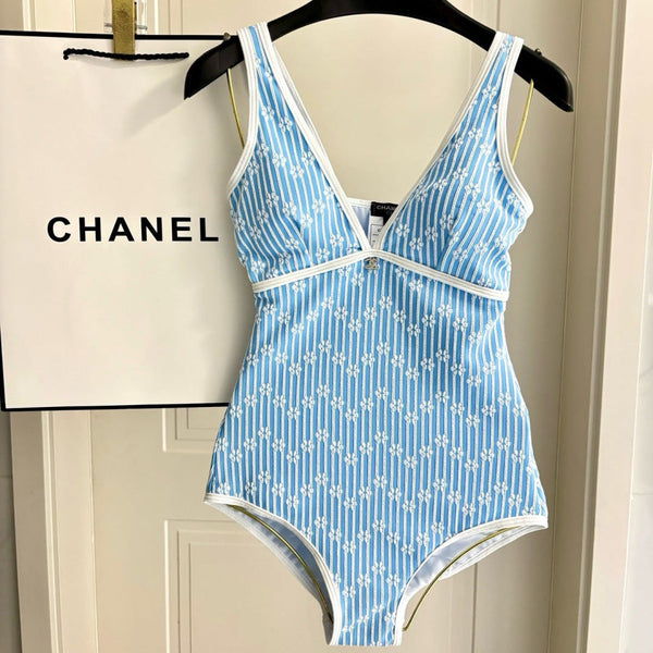 CC Striped Floral One-Piece Swimsuit in Blue White 289860