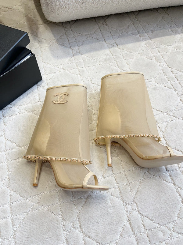 CC 26 Boots High-Heeled 95mm with Chain Beige in Mesh 808104