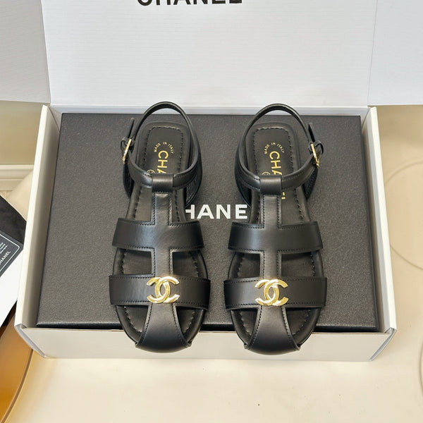 CC 26  T-strap Openwork Roman Sandals Black in Cowhide 815985