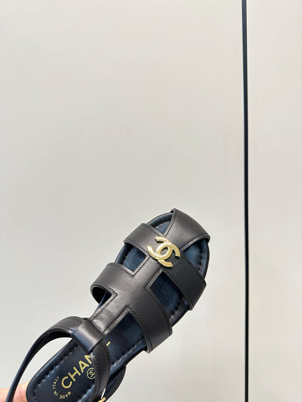CC 26  T-strap Openwork Roman Sandals Black in Cowhide 815985