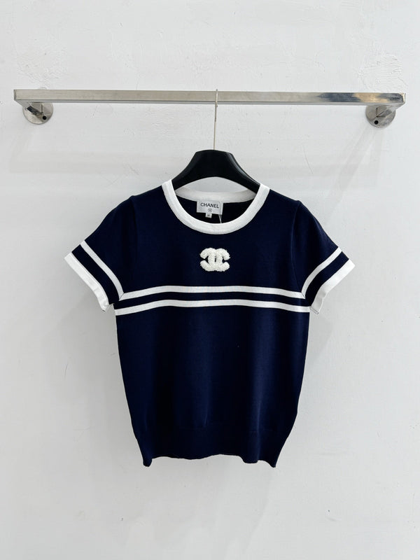 CC 2026 Striped Short-Sleeve Knit Top Wool Cashmere 516694