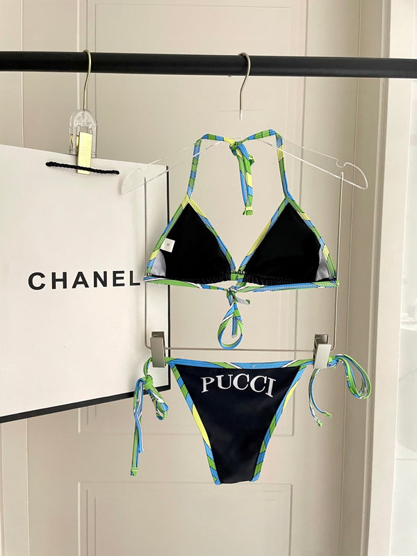 Pucci Multicolor Print Two-Piece Bikini Black Cotton Blend 149639