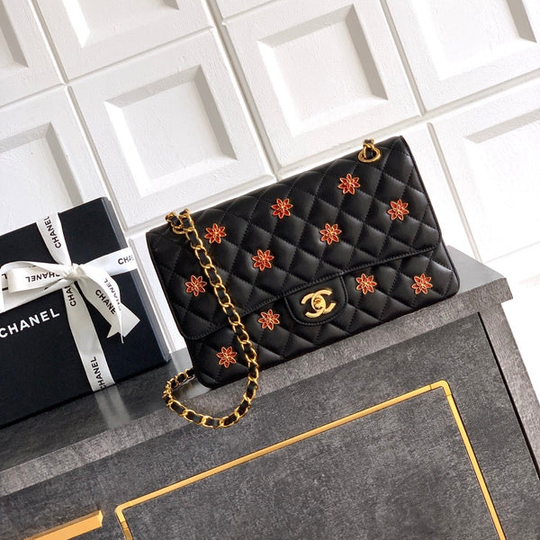 CC Flower Embellished Handbag 25.5cm Black Lambskin