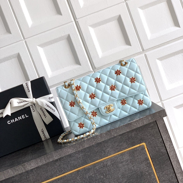 CC Flower Embellished Handbag 25.5cm Blue Lambskin