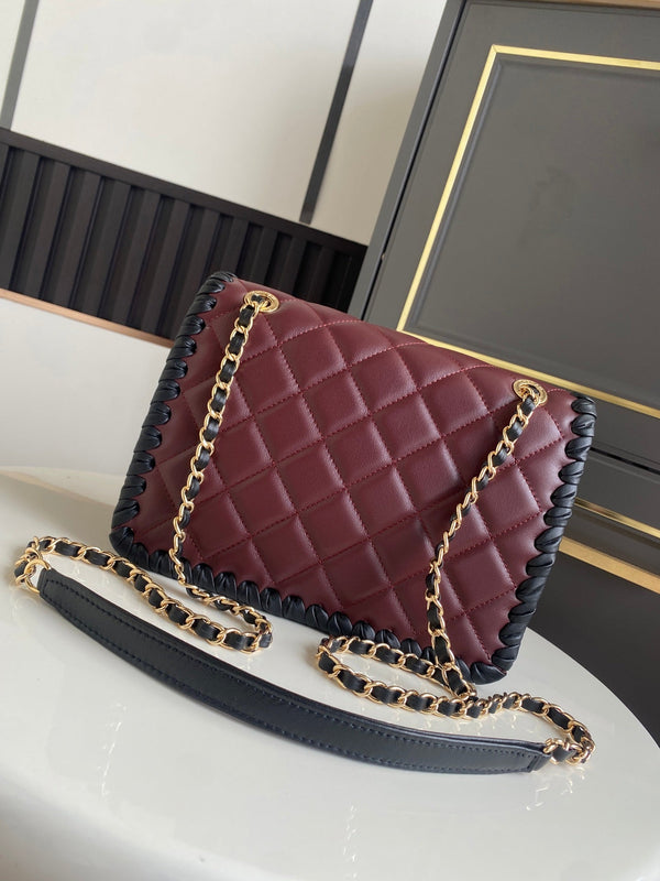 CC Flap Bag 22cm Burgundy Lambskin with Black Braided Trim