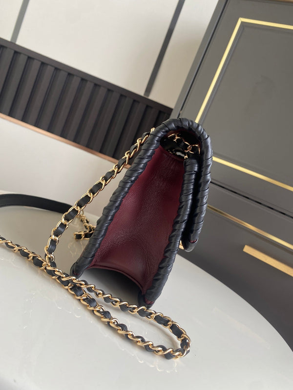 CC Flap Bag 22cm Burgundy Lambskin with Black Braided Trim