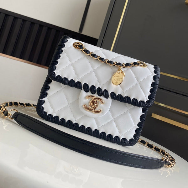 CC Flap Bag 15cm White Lambskin with Black Braided Trim