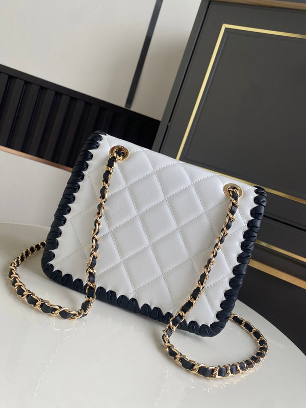CC Flap Bag 15cm White Lambskin with Black Braided Trim
