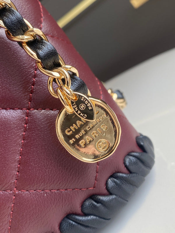 CC Flap Bag 15cm Burgundy Lambskin with Black Braided Trim
