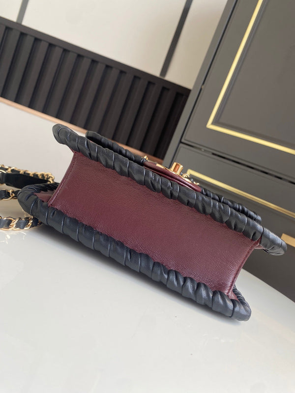 CC Flap Bag 15cm Burgundy Lambskin with Black Braided Trim