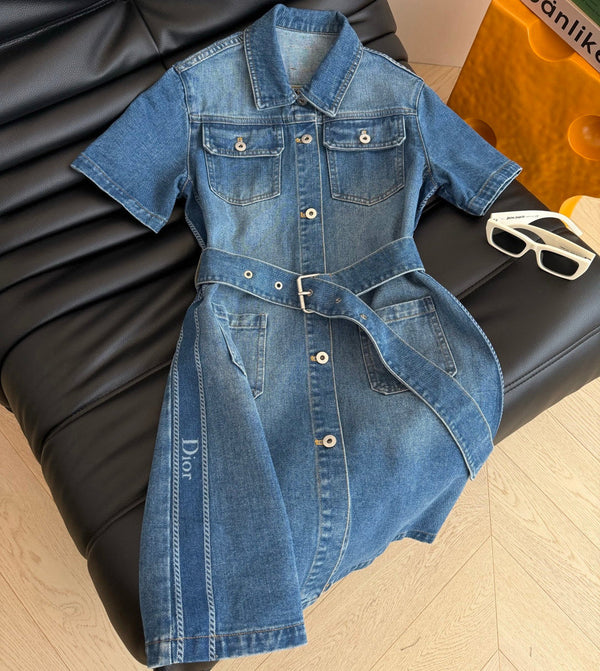 CD 2026 Denim Dress with Belt Blue Cotton 391780