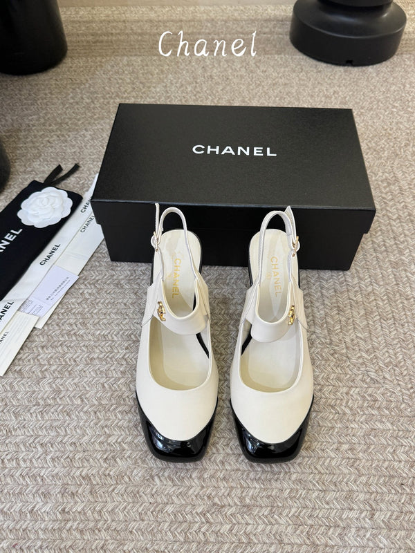 CC 26S Square-Toe Mary Jane Slingback Pumps White Black Lambskin 835674