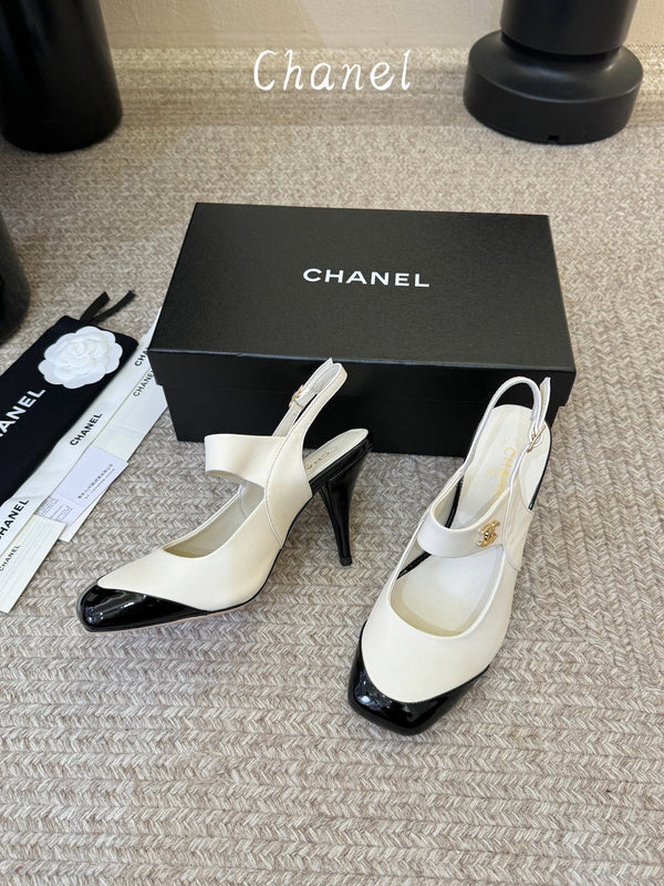 CC 26S Square-Toe Mary Jane Slingback Pumps White Black Lambskin 835674