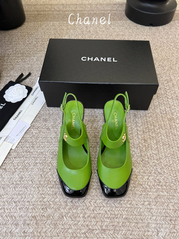 CC 26S Square-Toe Mary Jane Slingback Pumps Black Green Lambskin 835672