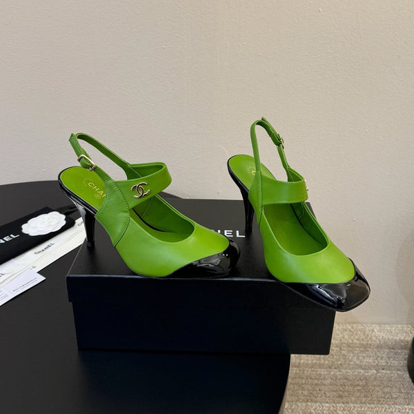 CC 26S Square-Toe Mary Jane Slingback Pumps Black Green Lambskin 835672