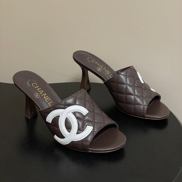 CC 26A Logo Quilted Heeled Sandals 8cm Dark Brown White Lambskin 834709