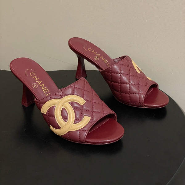 CC 26A Logo Quilted Heeled Sandals 8cm Burgundy Begie Lambskin 834708
