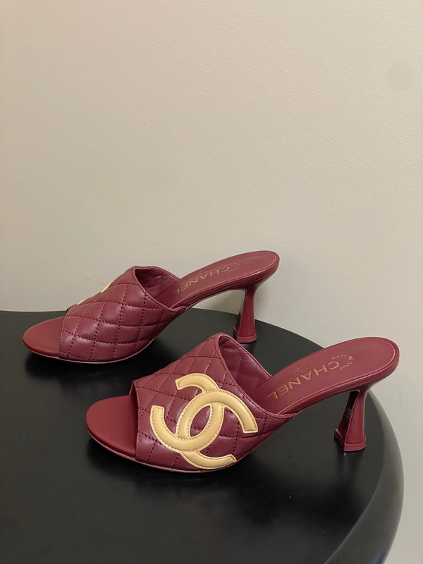 CC 26A Logo Quilted Heeled Sandals 8cm Burgundy Begie Lambskin 834708