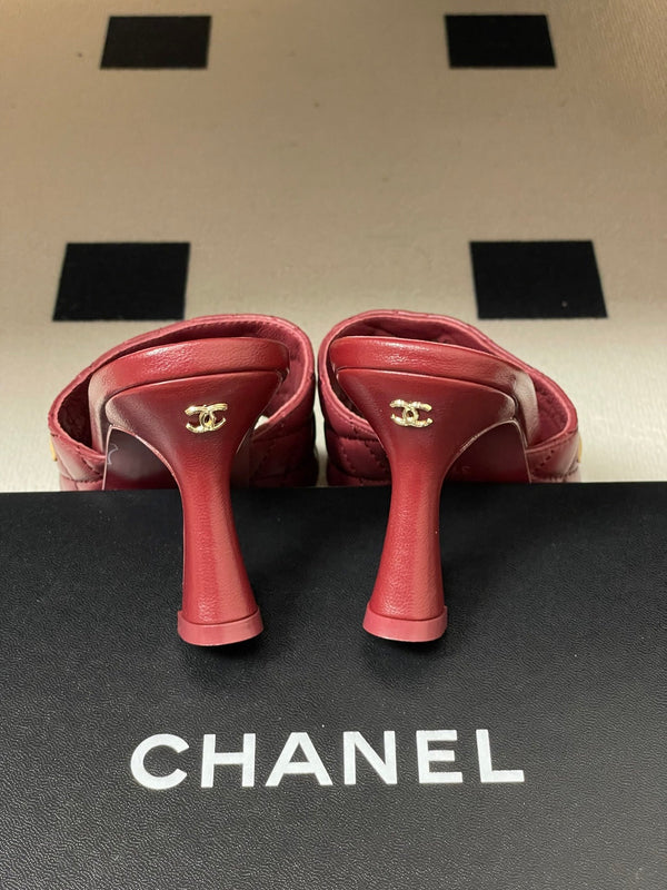 CC 26A Logo Quilted Heeled Sandals 8cm Burgundy Begie Lambskin 834708