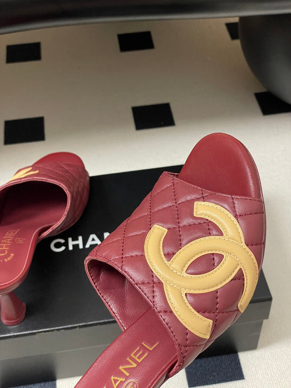 CC 26A Logo Quilted Heeled Sandals 8cm Burgundy Begie Lambskin 834708