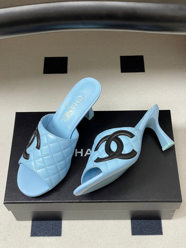 CC 26A Logo Quilted Heeled Sandals 8cm Blue Black Lambskin 834707