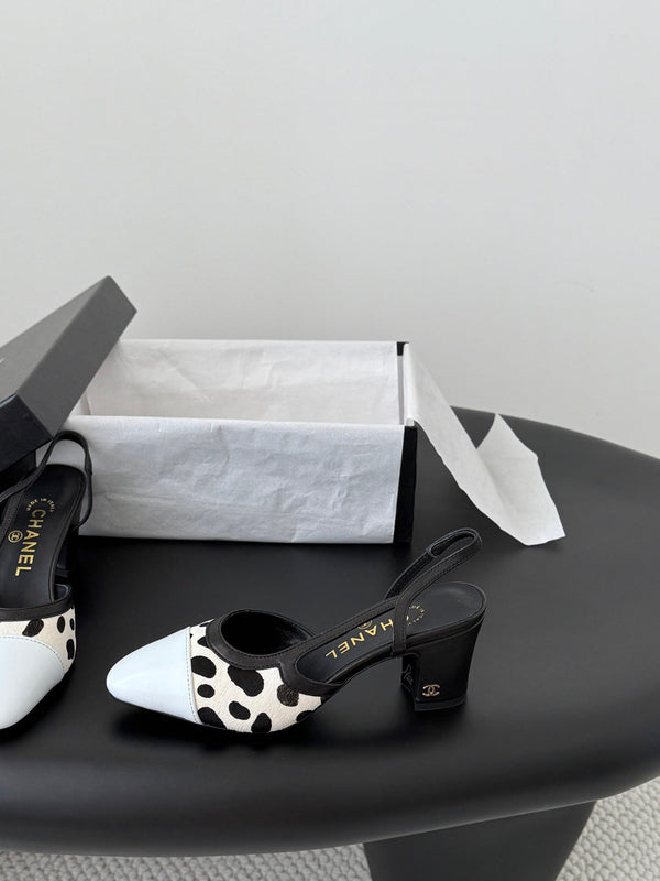 CC Slingback Pums Cream Black Spotted Calfskin 840022